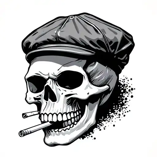 Skull Wearing Flat Cap With Cigarette In Mouth
