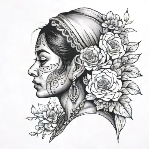 Face Of An Indian Woman Surrounded By Flowers Around