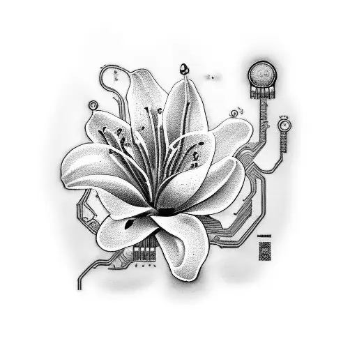 A Black-grey Tattoo Of A Technology Circuit Board Shaped Like A Lily