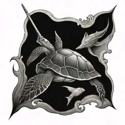 Turtle And Stingray Swimming Alongside