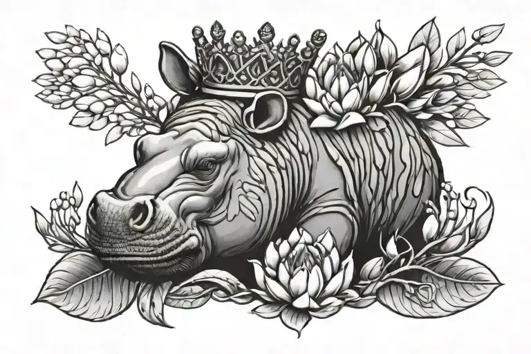 King Protea Flower With Crown And Hippo Surrounded