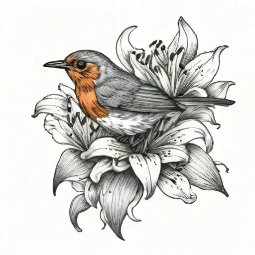 Robin On A Lily Flower