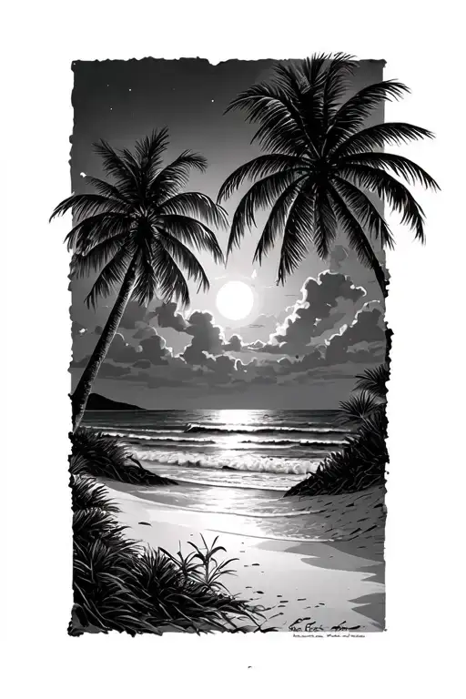 Puerto Rico Beach Scene With Palm Trees In The Night