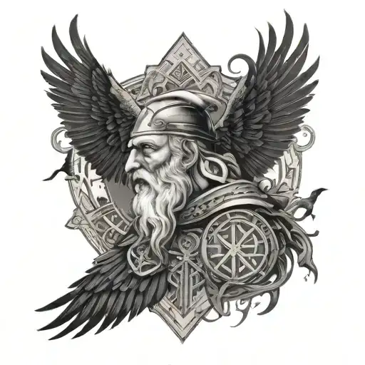 Nordic Mythology Odin And Crows And Runes Engraved