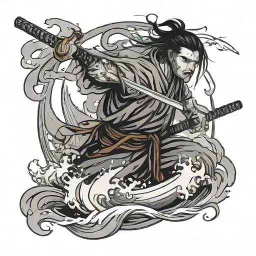 Gheicha With Katana Surrounded By The Waves Of The Rough Sea
