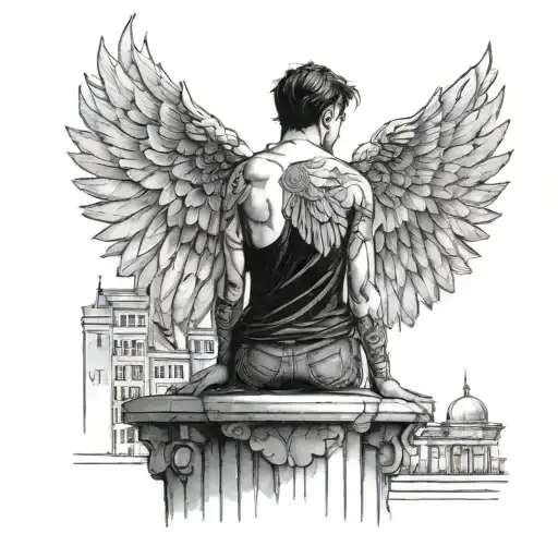 Man With Symmetrical Angel Wings Looks Over The Night City Lights Standing Over A Ledge
