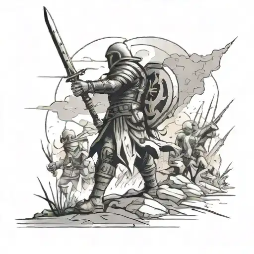 A Battlefield Scene With A Warrior Standing Tall And Protecting His Loved Ones With A Haz De Luz