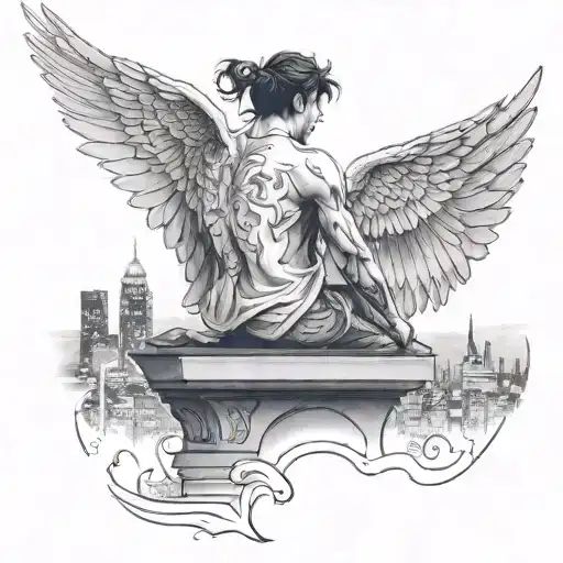 Man With Angel Wings Looks Over The Night City Lights From A Far Standing Over A Ledge