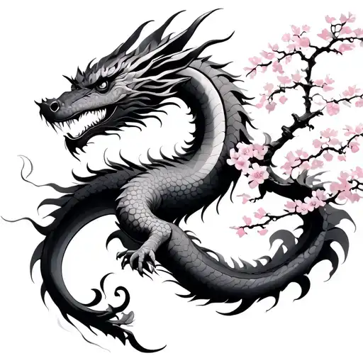 Smoky Japanese Dragon With Sakura Tree