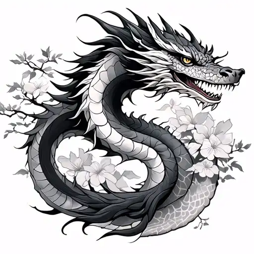 Smok Japanese Dragon With Sakura Tree