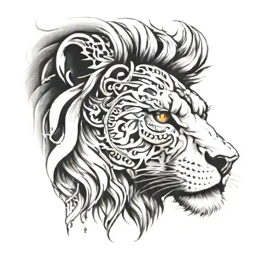 Half Face Skull With Half Face Lion