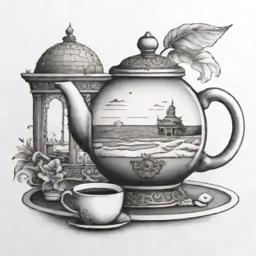 Snowglobe With A Beach And Sunset And Teapot And Tea Cup