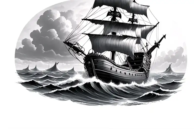 Pirate Ship Sailing Rough Seas Into Calm