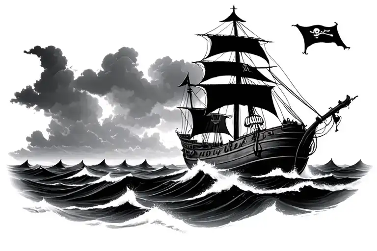 Pirate Ship Sailing Rough Seas Into Calm