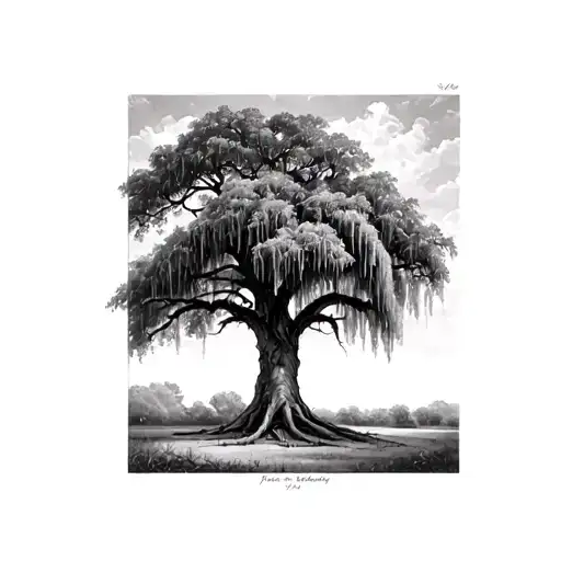 Live Oak Tree With Spanish Moss Touching Ground