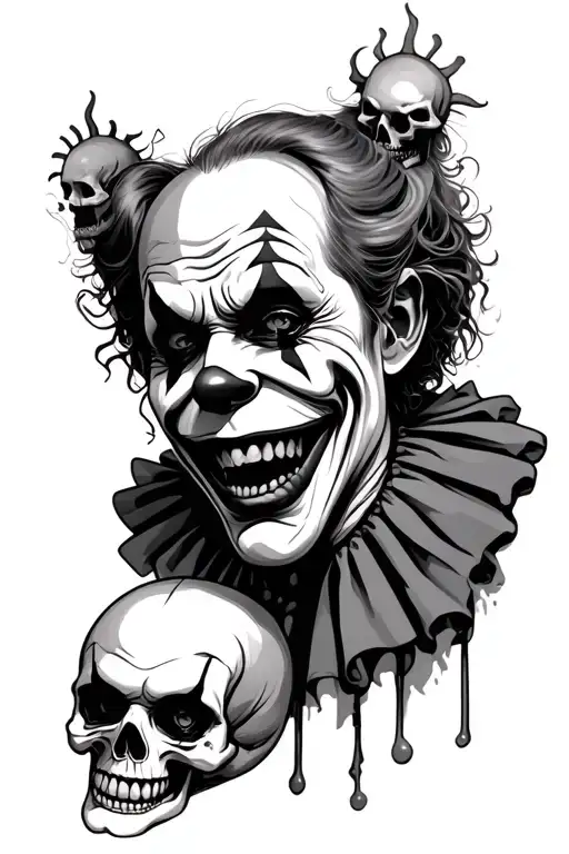 Unrealistic Creepy Sad Clown With Skulls In Background