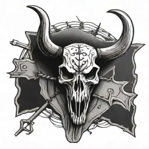 Bull Skull With A Cowboy Inside With A Cross Surrounded By Barbed Wire