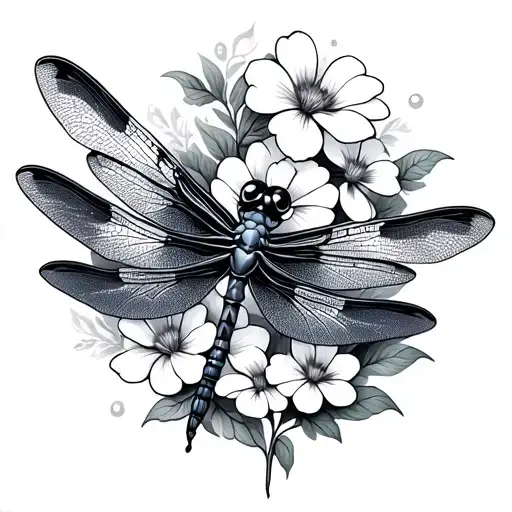 Dragonfly With Flowers Intertwined