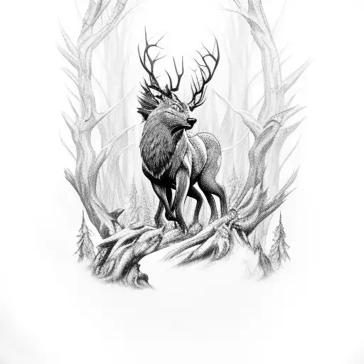 A Black And Grey Tattoo Of A Majestic Forest With Mythical Creatures Inspired By Skyrim