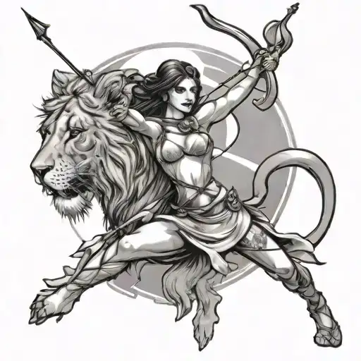 Archer Shooting Arrow Pointing On A Lady Lion