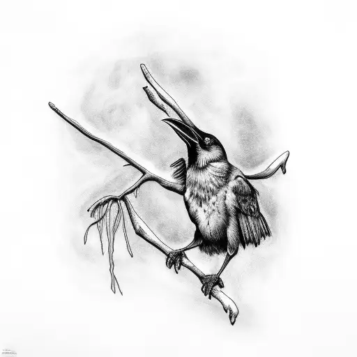 Cawwing Raven On Branch