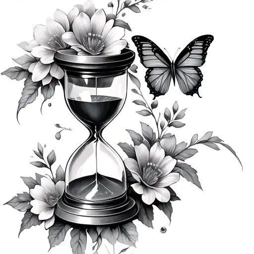 Broken Hourglass With Flowers And Butterfly