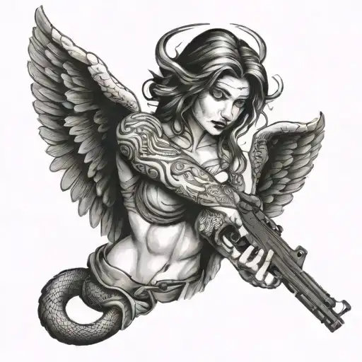 Fallen Angel With A Gun And Snake Wrapped