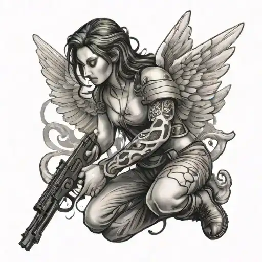 Fallen Stone Angel With A Gun And Snake Wrapped