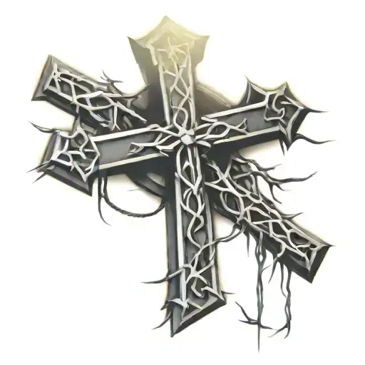 Three Crosses With Crown Of Thorns Hanging From The Middle Cross With Light In The Background
