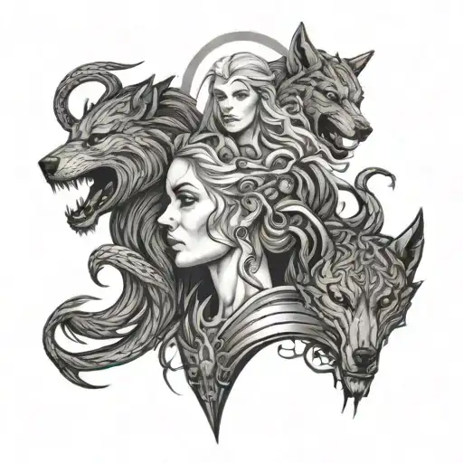 Godess Hel With Brothers Fenris Wolf And Mitgardsnake