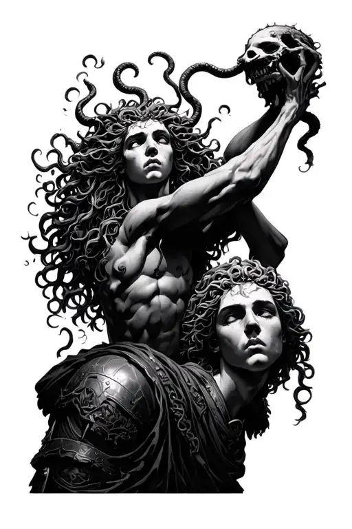 Medusa Raising The Severed Head Of Perseus Being Shown In The Darkness By Light Of Another Soldier