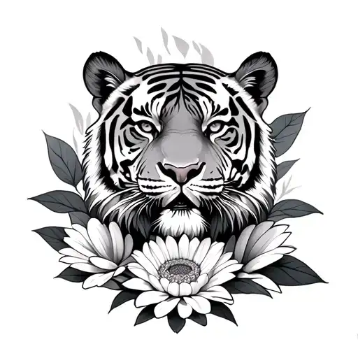 Tiger Surrounded By Chrysanthemum Flower