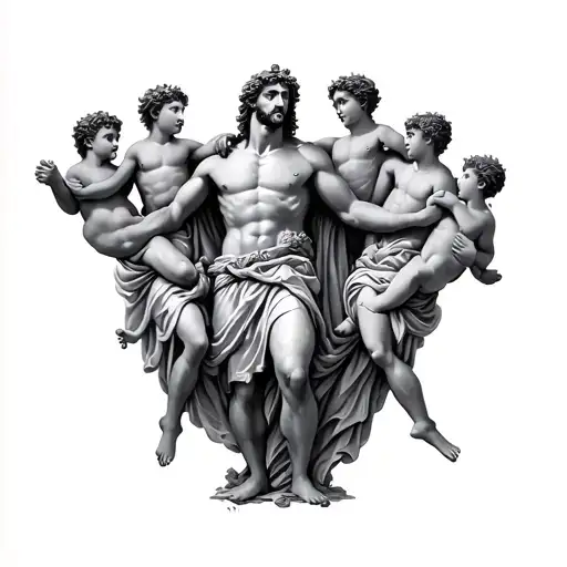 Greek God Atlas Holding 5 Children On His Back And Arms