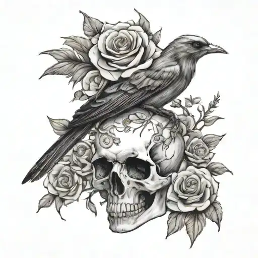 Bird With Flowers And Skull With Flowers