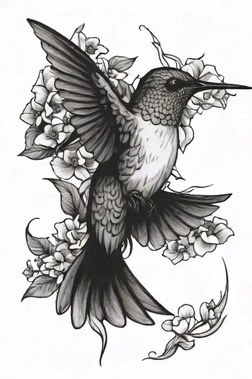 Humming Bird Flying Towards A Chaconia Flower