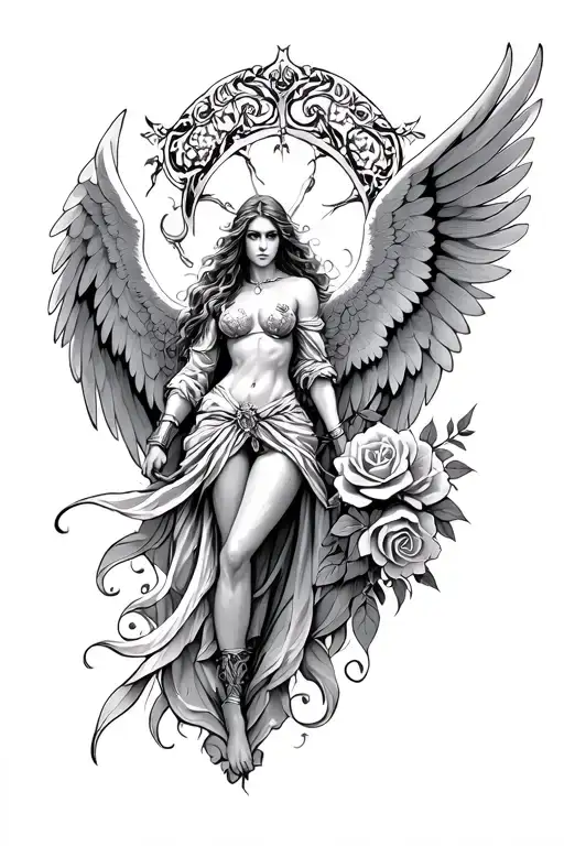 Arch Angel Warrior With Wings And Roses