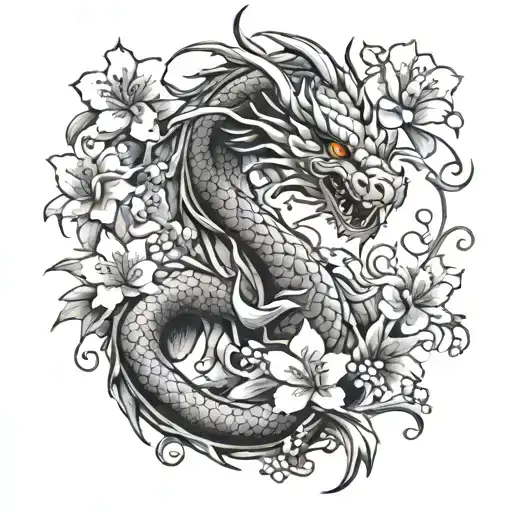 Dragon Going Down The Arm Surrounded By Koi Fish And Cherry Blossom Flowers