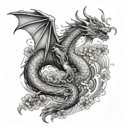 Dragon Going Down The Arm Surrounded By Koi Fish And Cherry Blossom Flowers