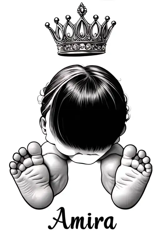Baby Tattoo With The Name Amira And A Princess Crown With Her Baby Feet And Hands