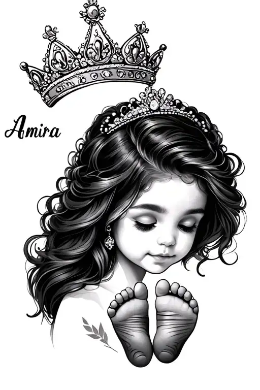 Tattoo With The Name Amira And A Princess Crown With Her Baby Feet And