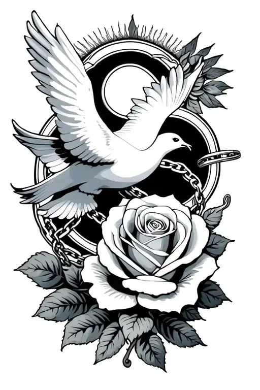 Dove With Chain With Letter C Rose With A Wedding Ring Sleek Sun Clouds