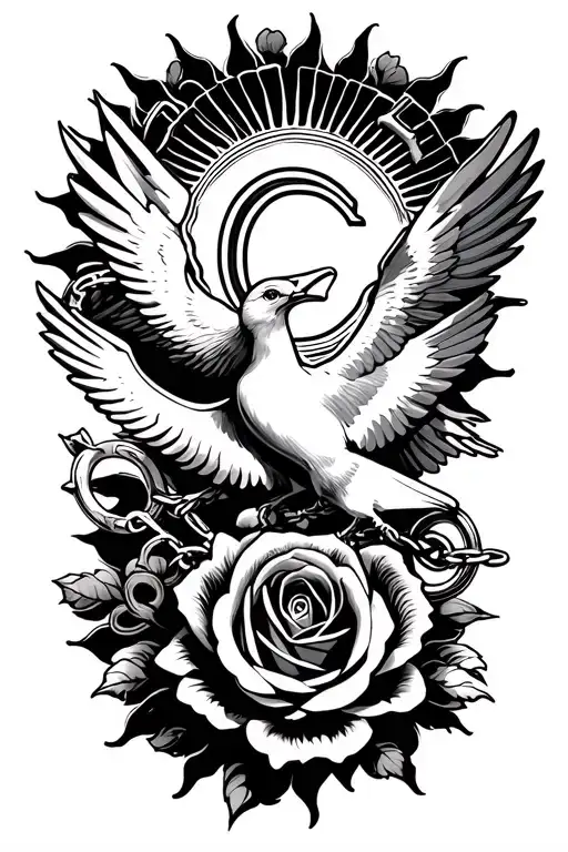 Dove With Chain With Letter C Rose With A Wedding Ring Sleek Sun Clouds