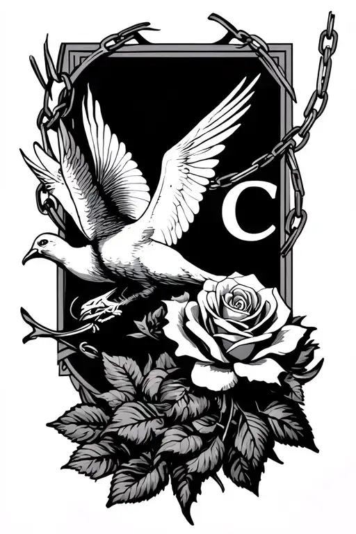 Dove With Chain With Letter C Rose With A Wedding Ring Sleek Sun Clouds