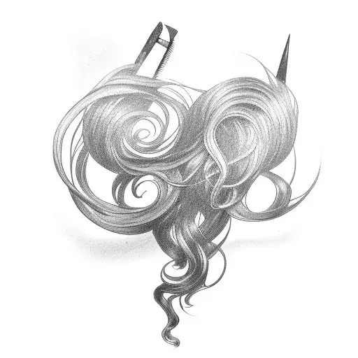 A Black-grey Tattoo Of A Pair Of Scissors And A Comb With Beautiful Hair Strands Flowing Around Them