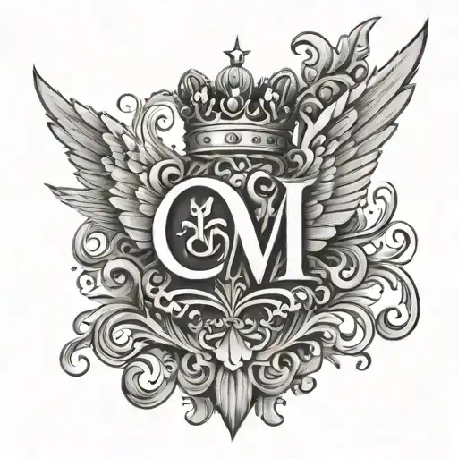 Letter M With A Crown And Wings And Angles Wings Spread
