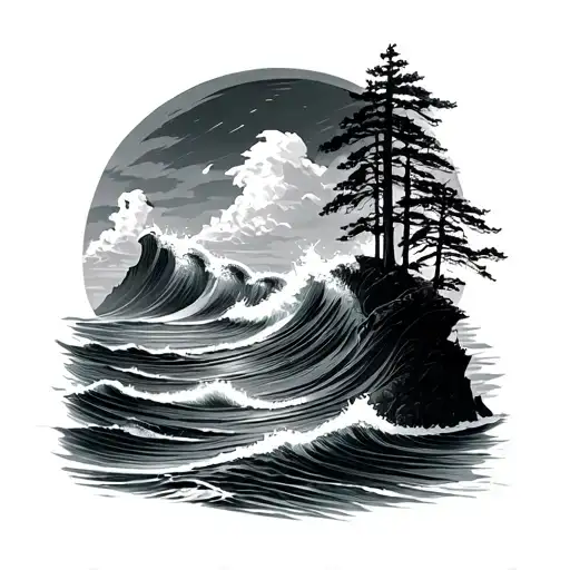 Waves And Trees On Cliff