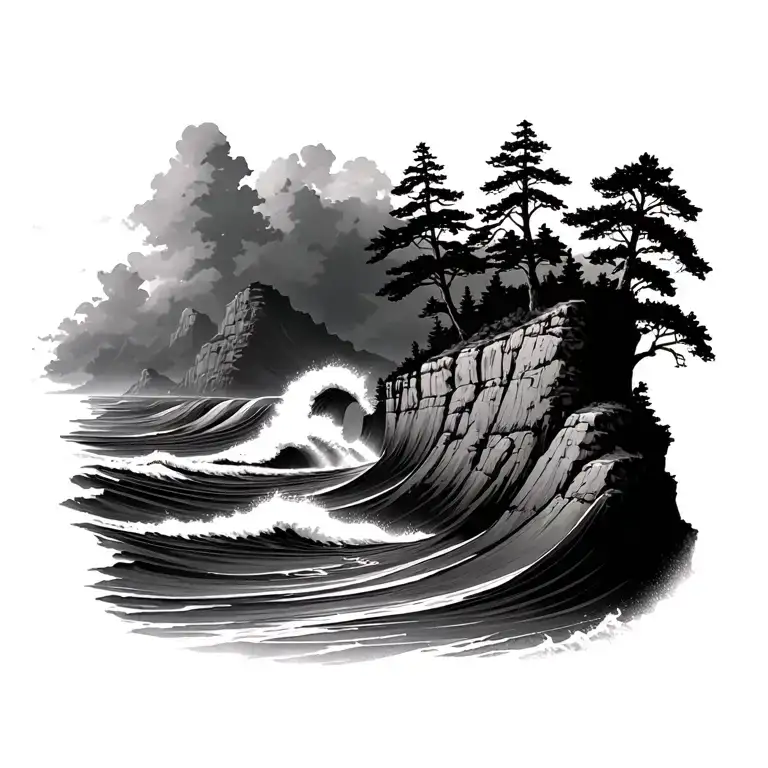 Waves And Trees On Cliffs