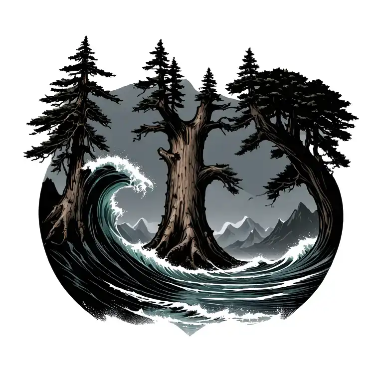 Redwood Tree On Each Side Of Crashing Wave