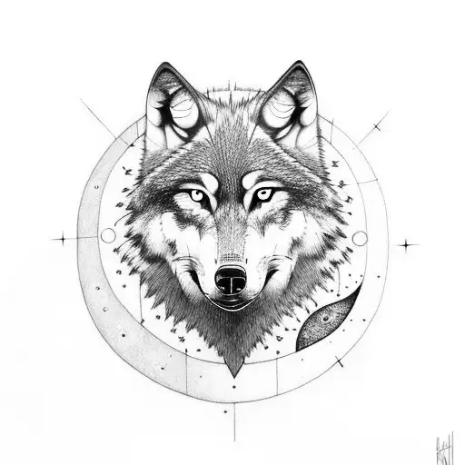 Wolf Whole Body With Sun And Moon And Stars