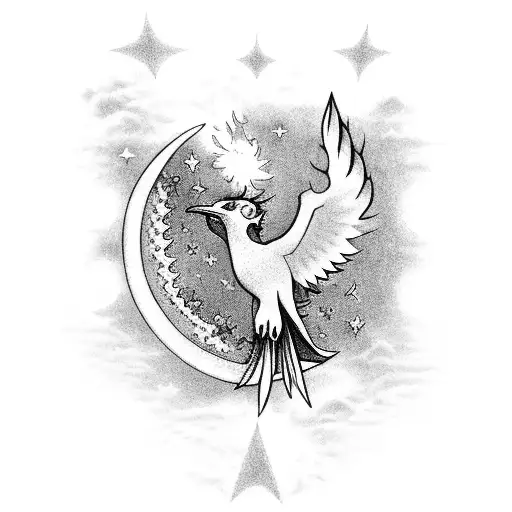 Pheonix With Sun And Moon And Stars